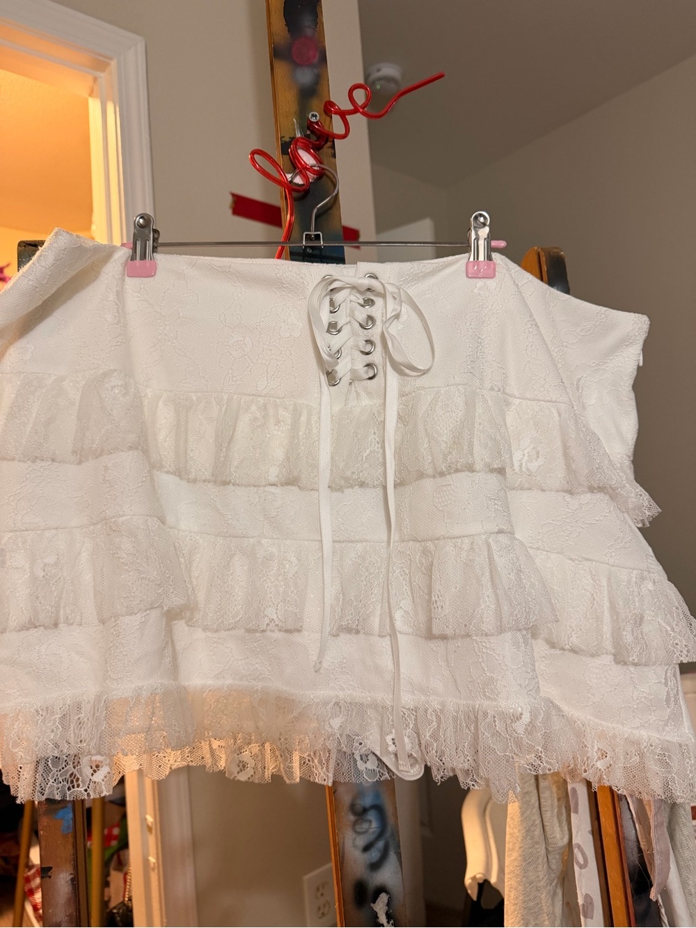 Fashion Nova Ivory Lace Tiered Mini Skirt with Front Corset Tie